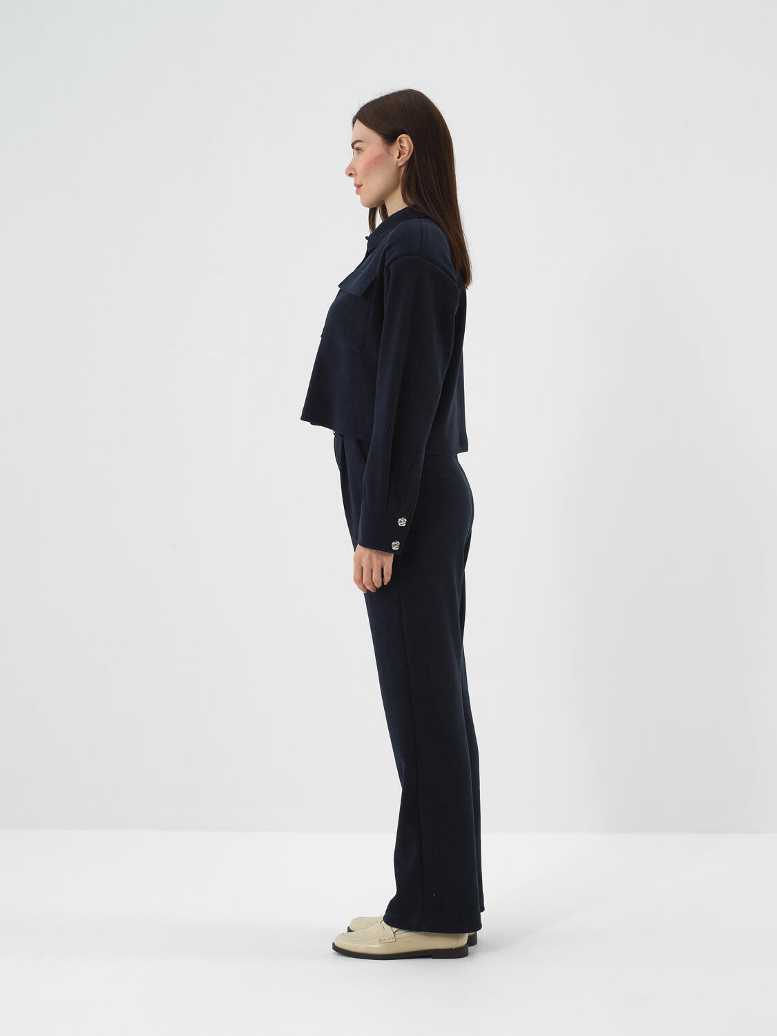 Navy Blue Luxury Textured Soft Velvet Regular Fit Trousers - 3