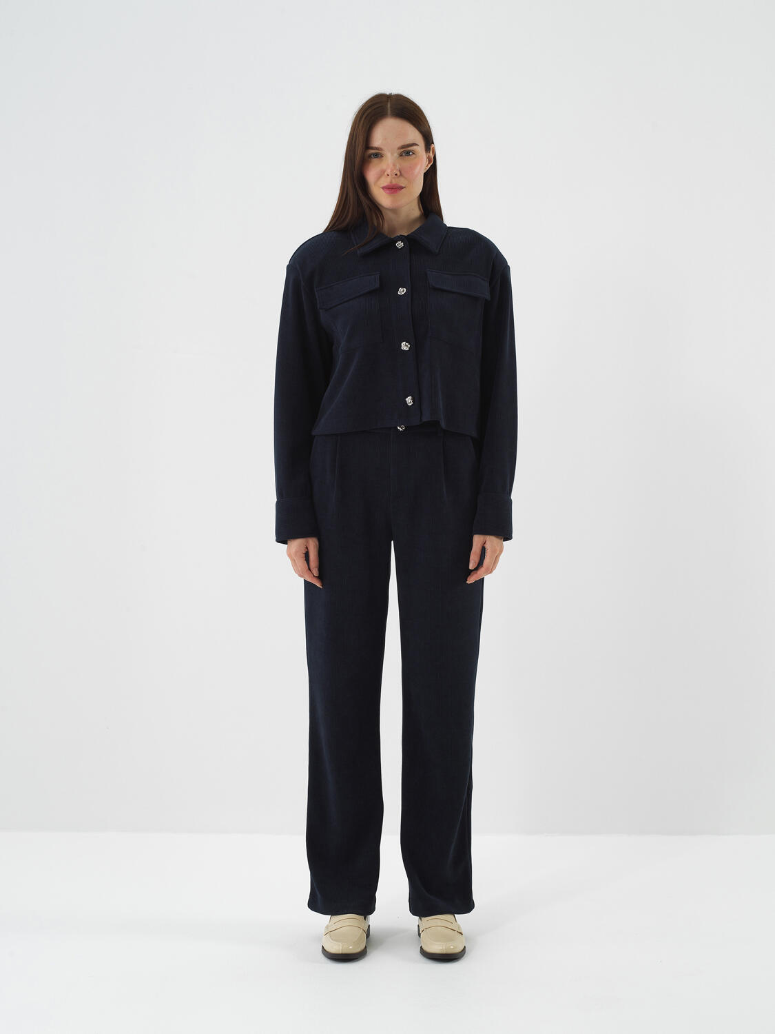 Navy Blue Luxury Textured Soft Velvet Regular Fit Trousers - 2