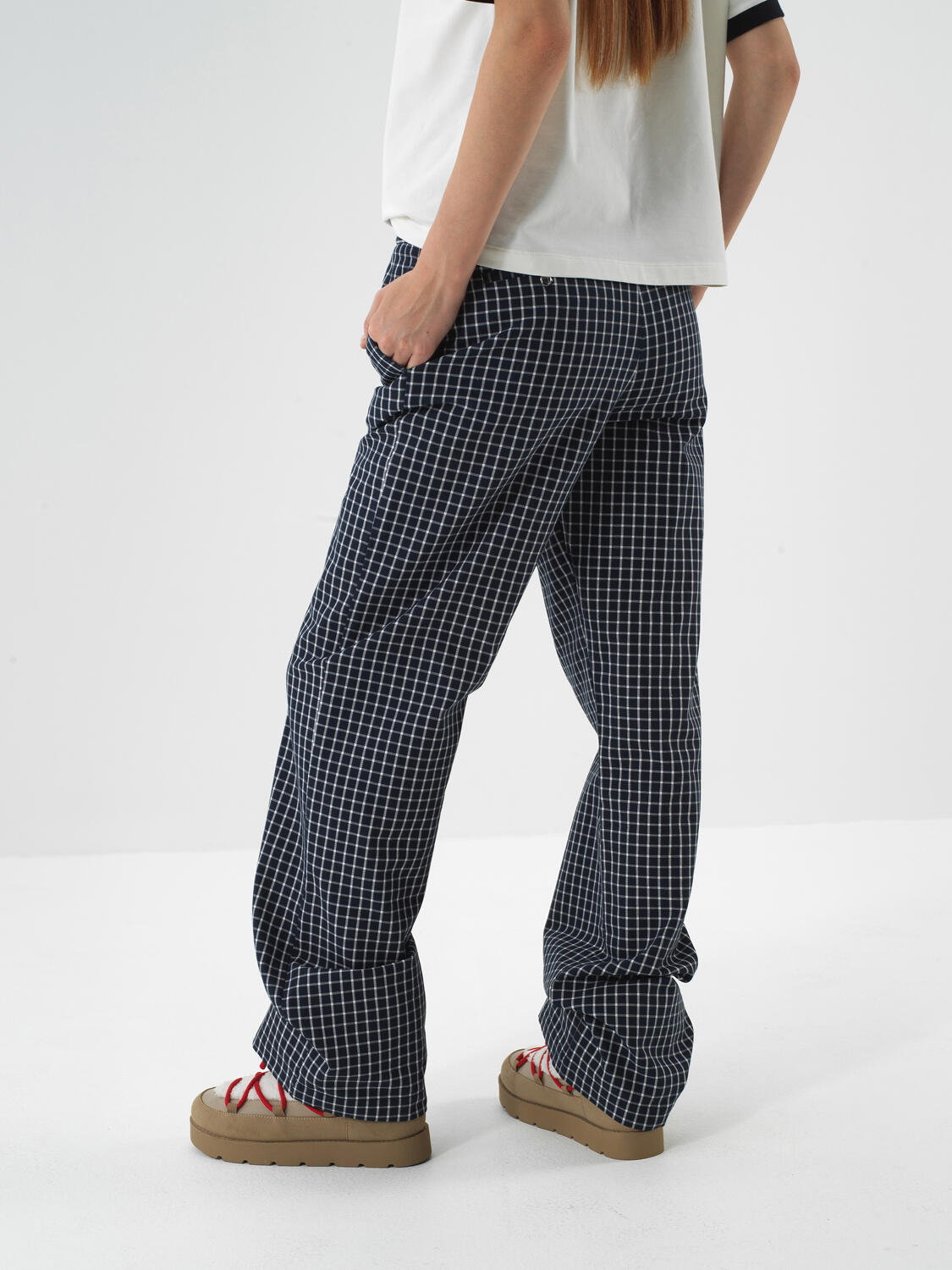 Navy Blue Modern Plaid Oversized Trousers - 4