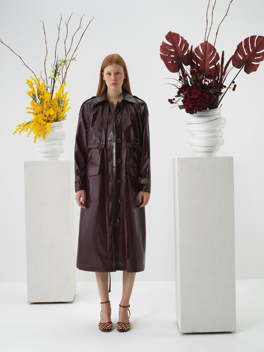 Burgundy Leather Look Regular Fit Raincoat - Xint