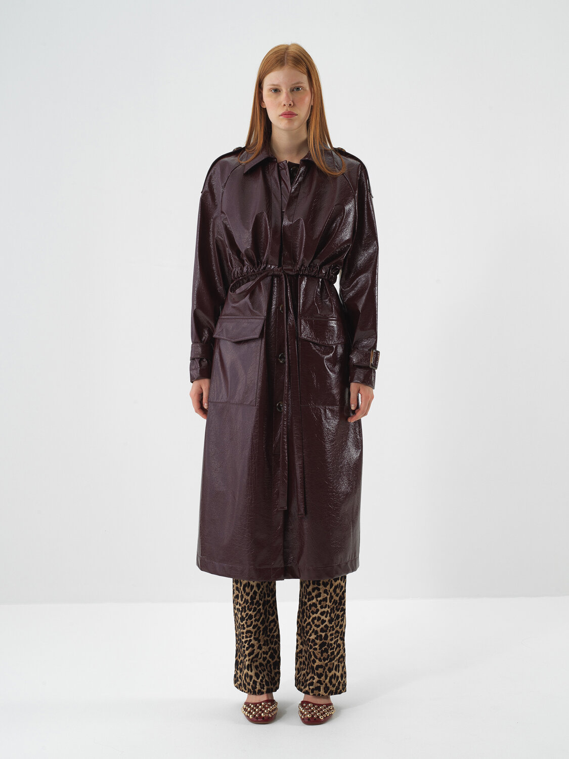 Burgundy Leather Look Regular Fit Raincoat - Xint