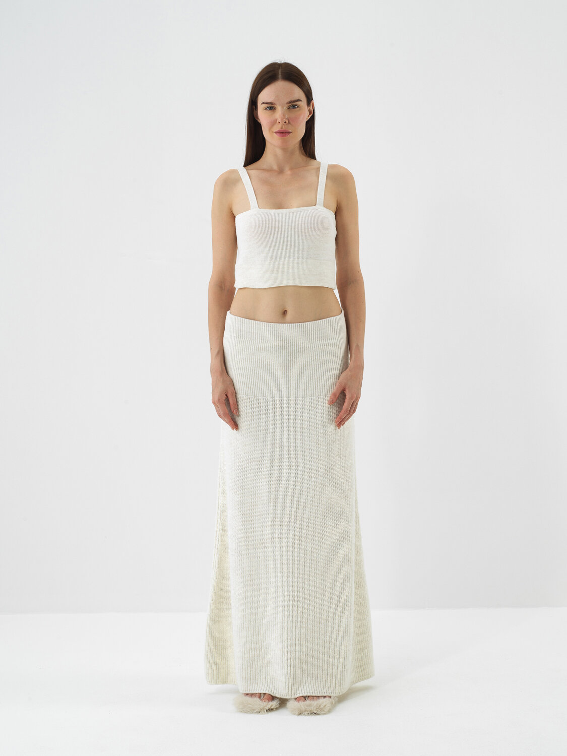 Ecru Natural Wool Textured Oversize Skirt - Xint