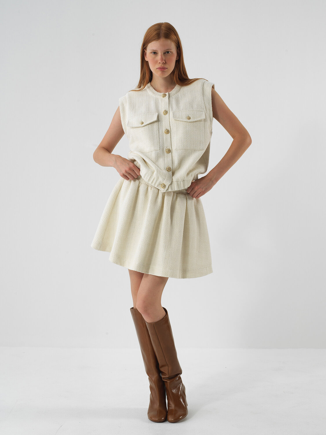 Ecru Glittery Lurex Detailed Oversize Skirt - Xint