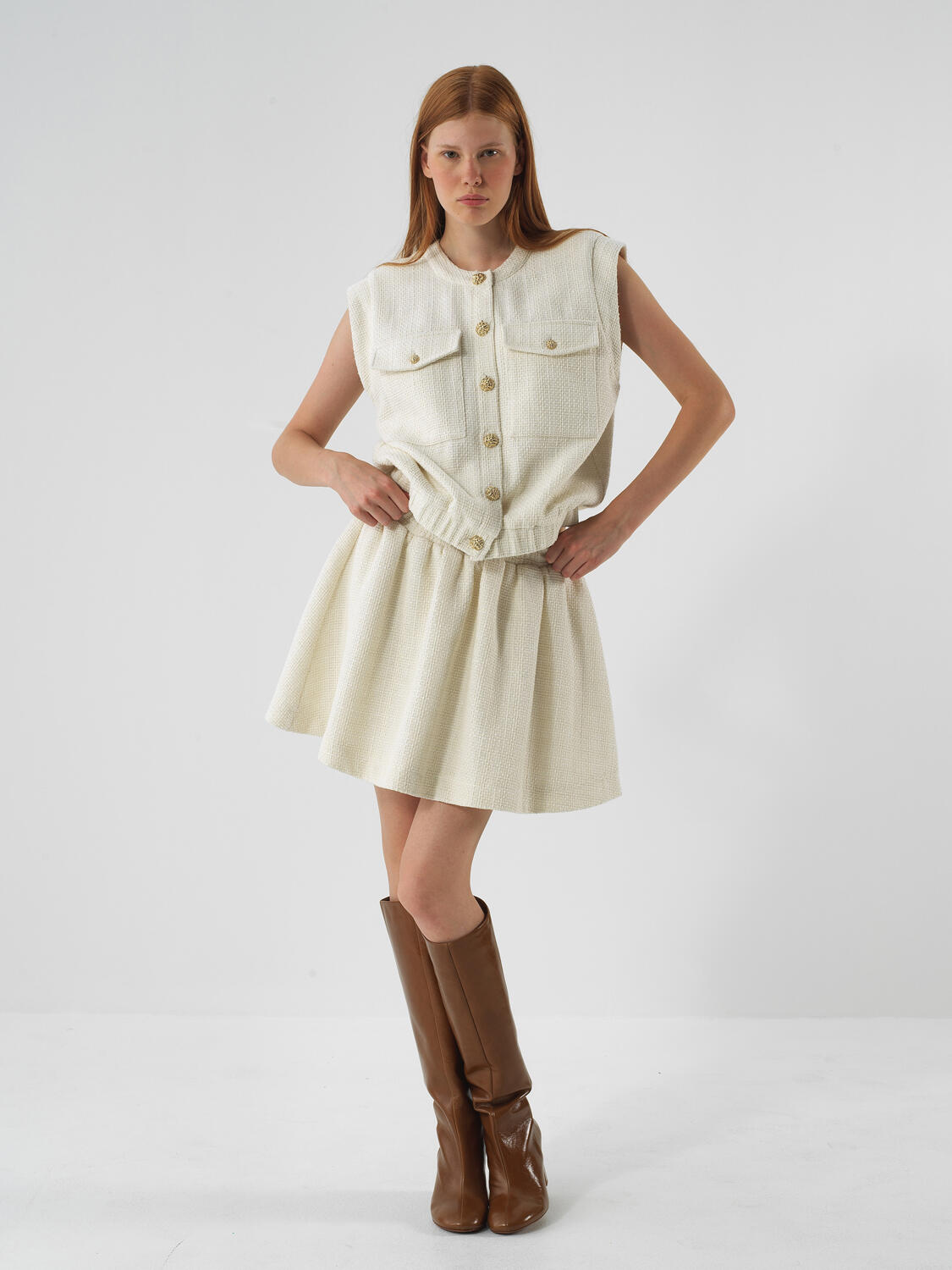 Ecru Glittery Lurex Detailed Oversize Skirt