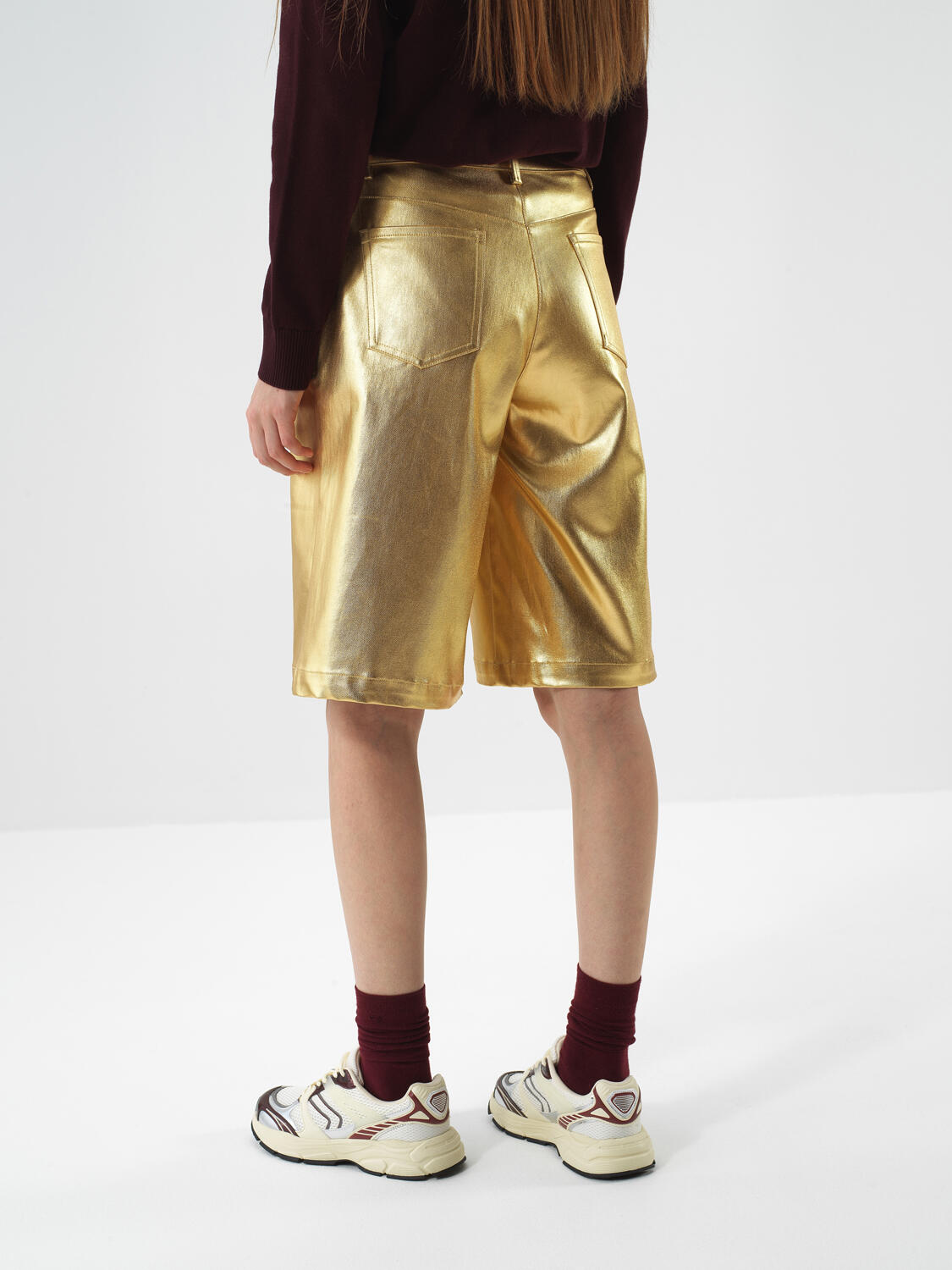 Gold Cotton Textured Oversize Shorts - 4