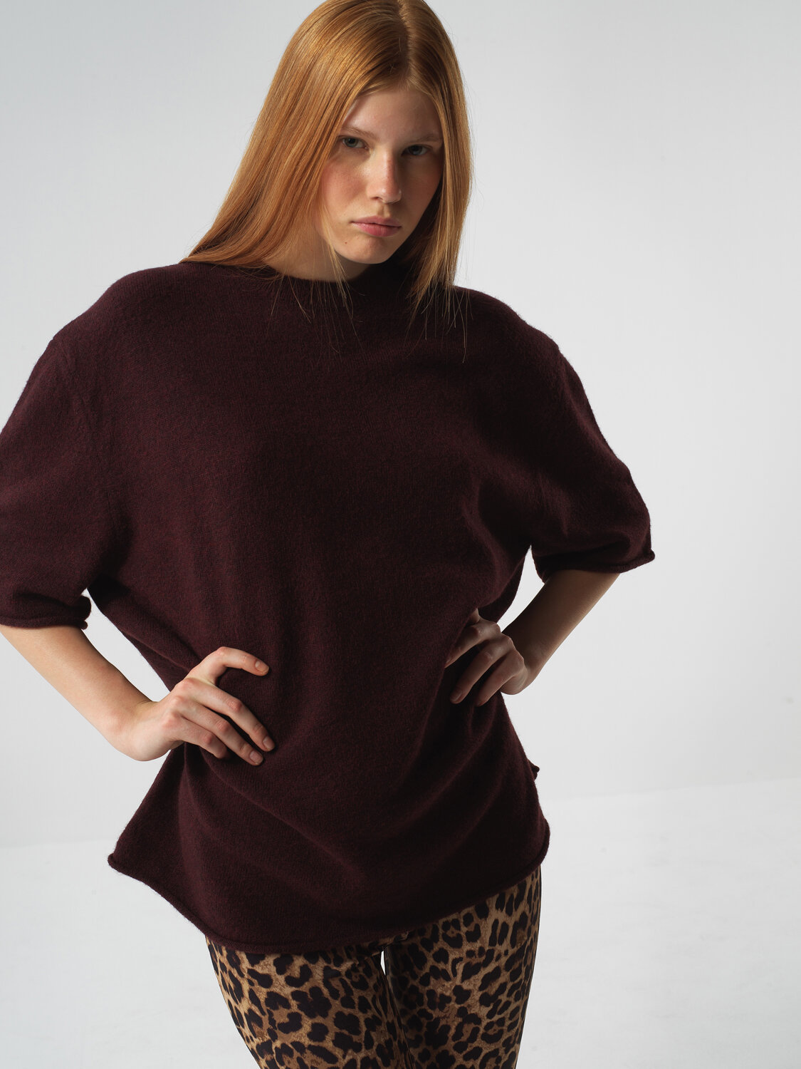 Burgundy Soft Texture Oversized Sweater - Xint