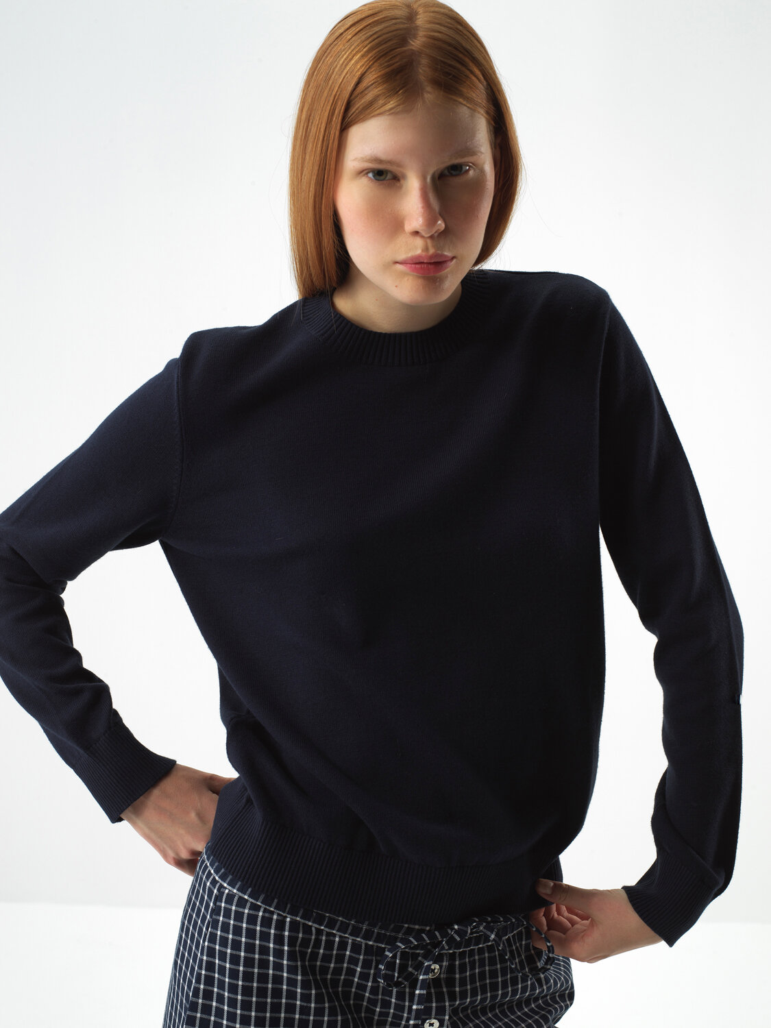 Navy Blue Cotton Textured Oversized Sweater - Xint