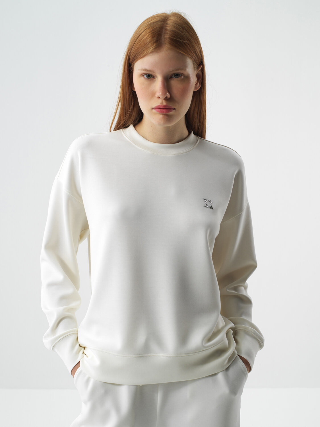 Ecru Modal Textured Oversized Sweatshirt - Xint