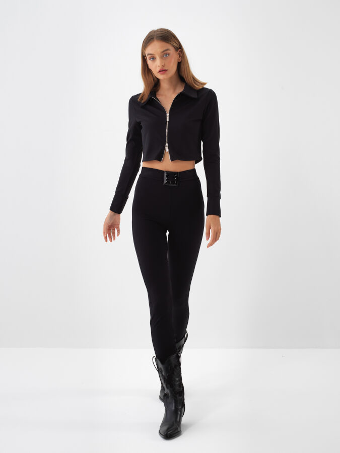 Plain Leggings with Belt Detail - Xint