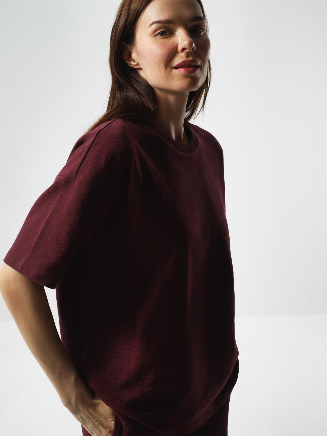 Burgundy Cotton Textured Oversized T-Shirt