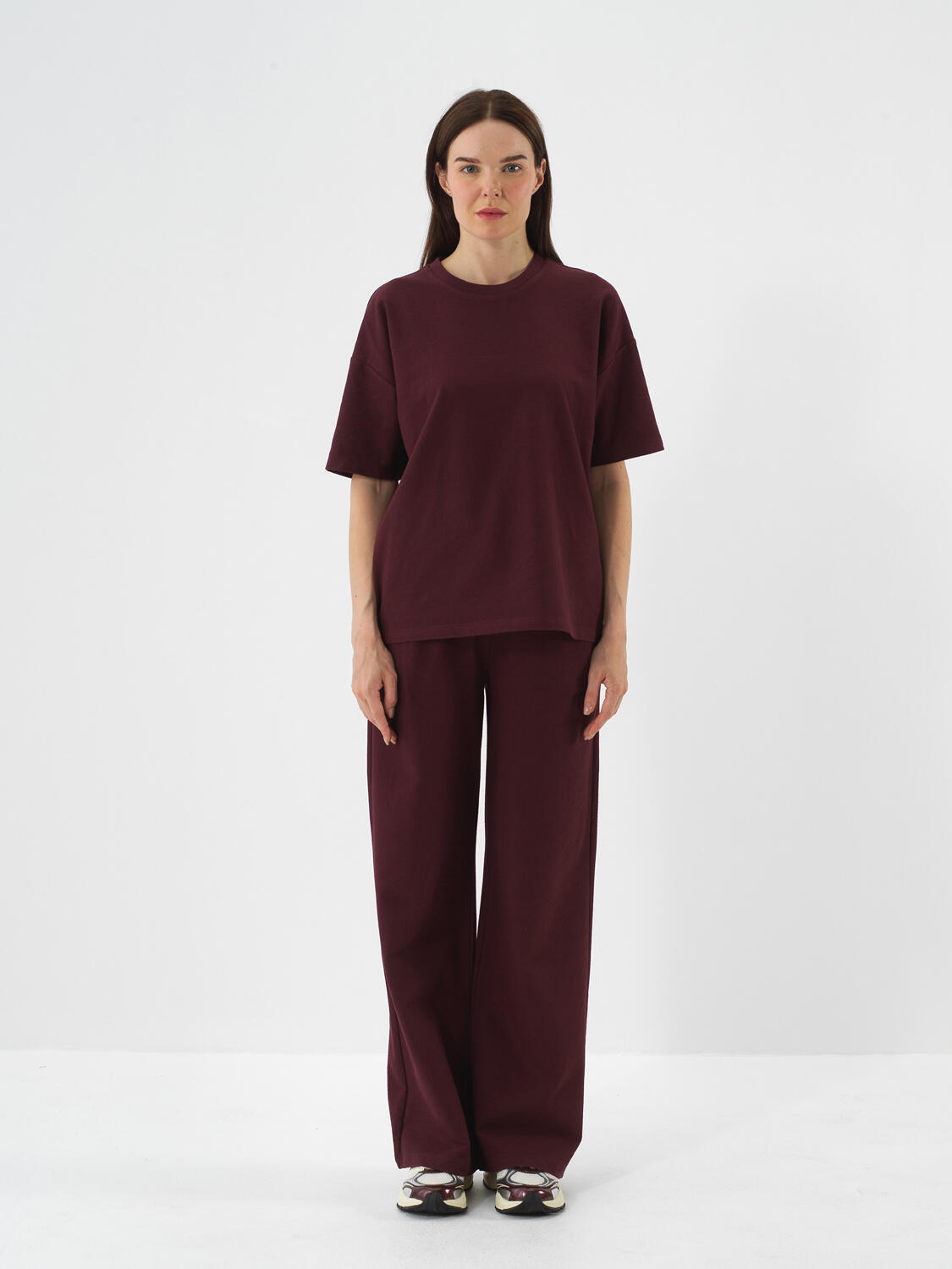 Burgundy Cotton Textured Oversized T-Shirt - 2