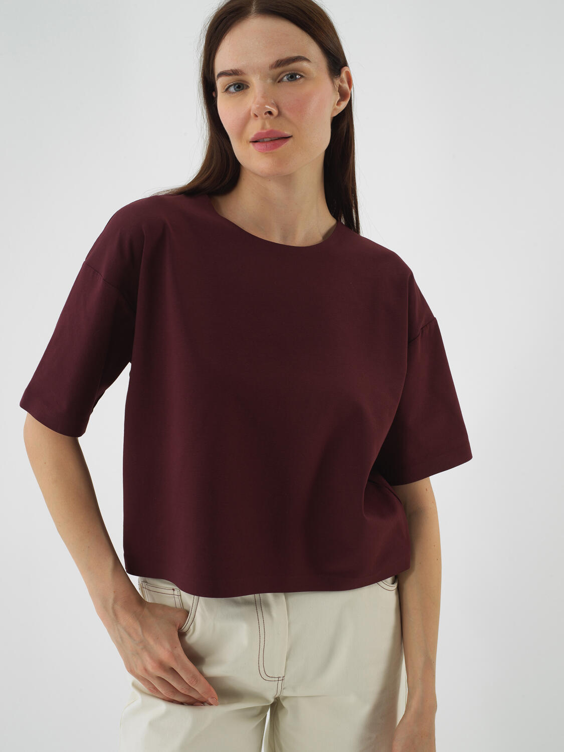 Burgundy Cotton Textured Oversized T-Shirt