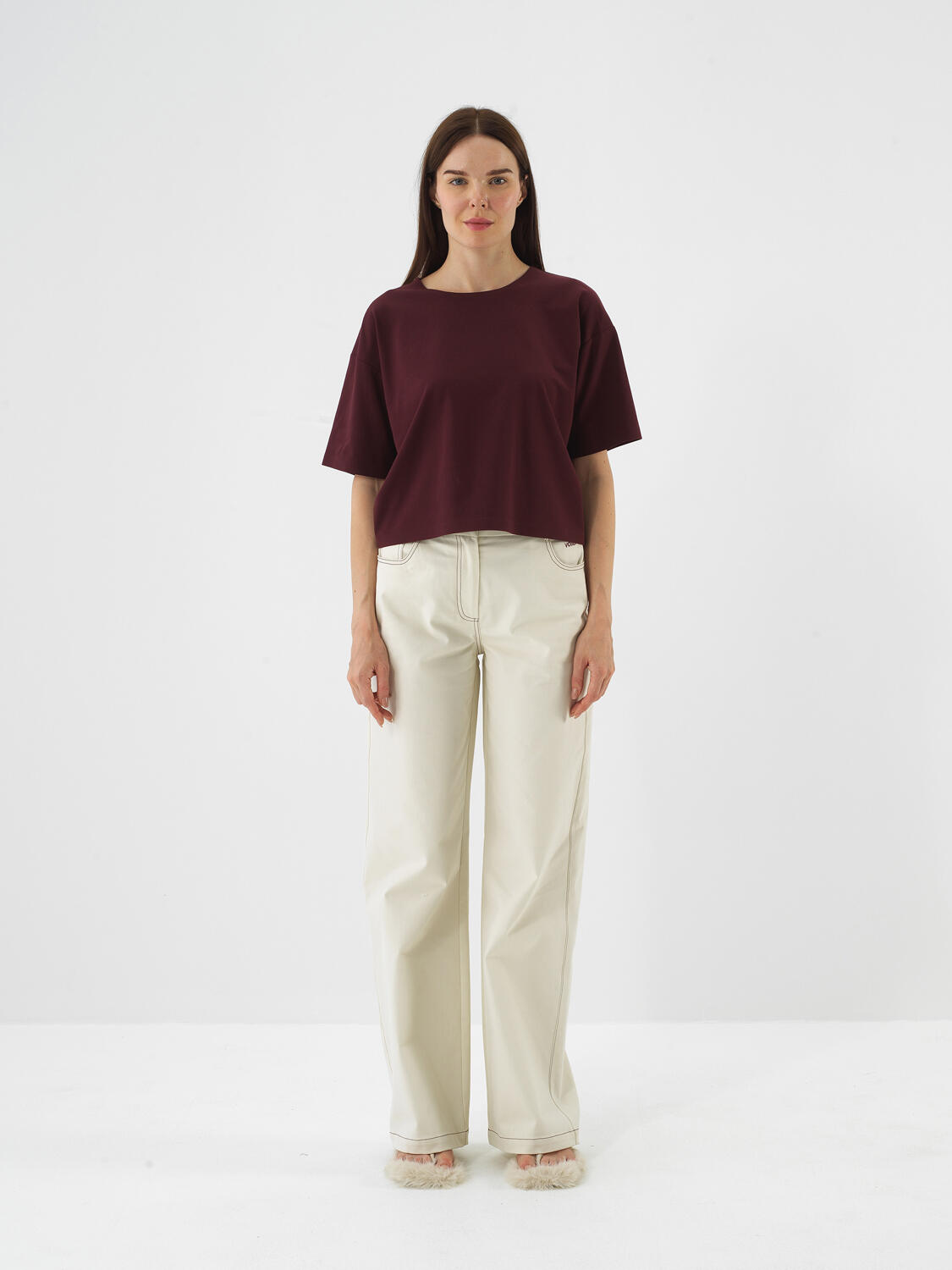 Burgundy Cotton Textured Oversized T-Shirt - 2