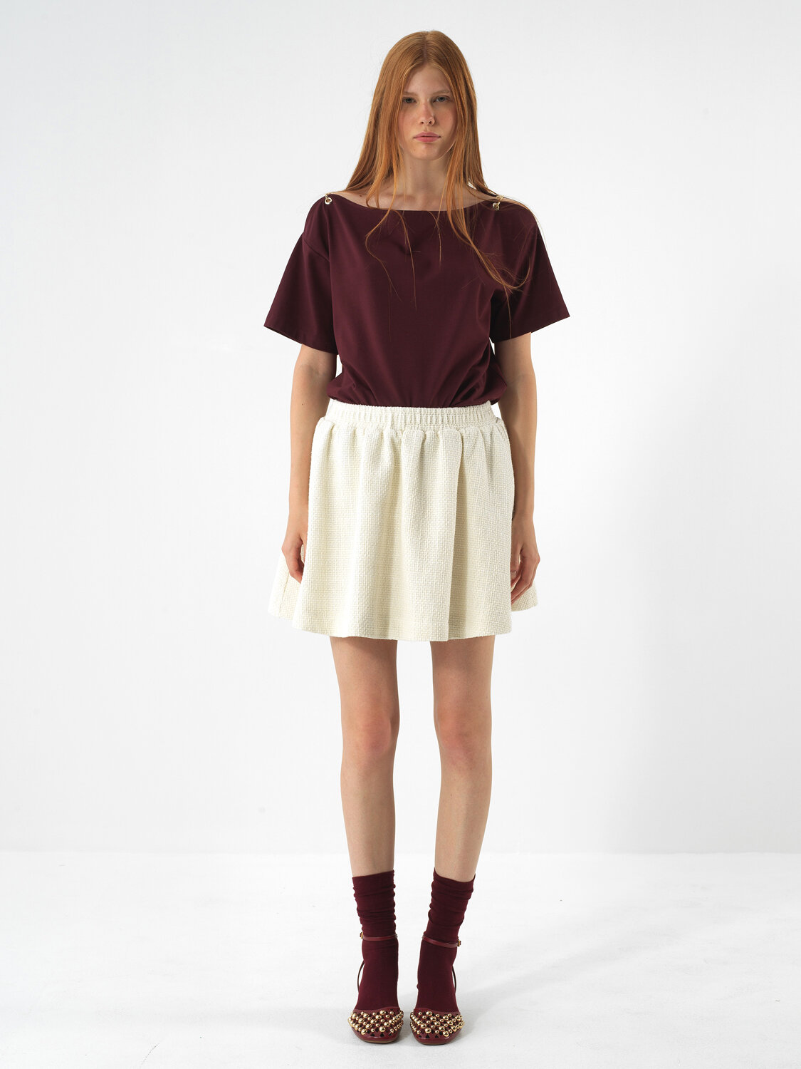 Burgundy Cotton Textured Oversized T-Shirt - Xint