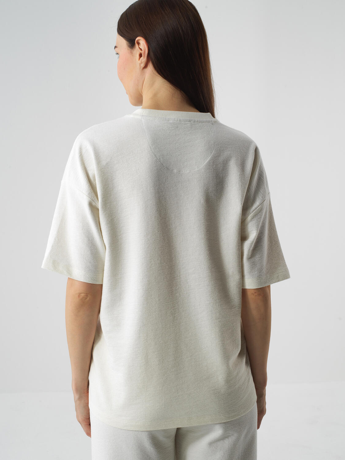 Ecru Cotton Textured Oversize T-Shirt - 4