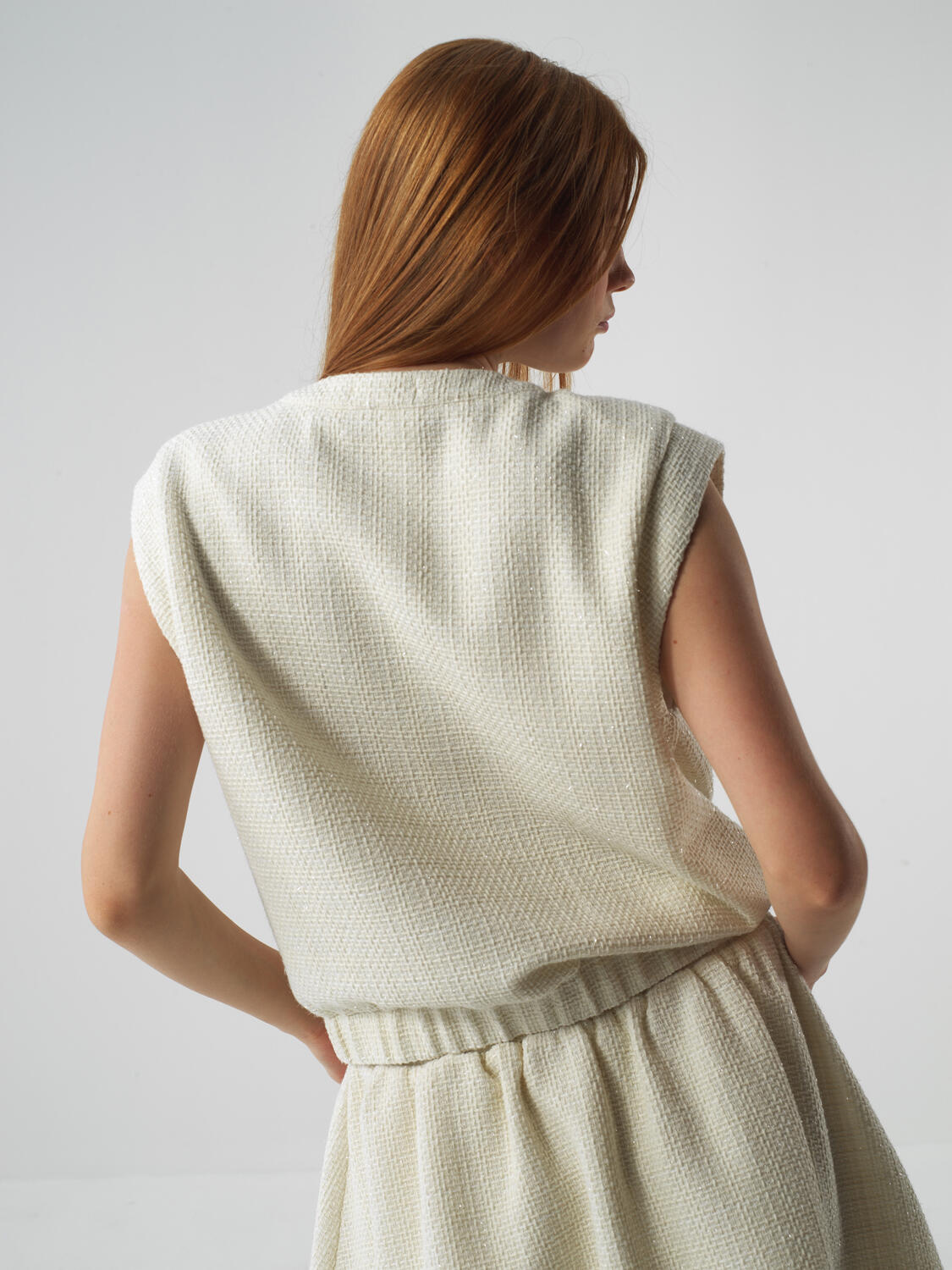 Ecru Glittery Lurex Detailed Oversize Vest - 4